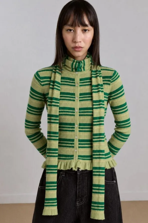 ANELIS COTTON MERINO BLEND CARDIGAN- GREEN STRIPE