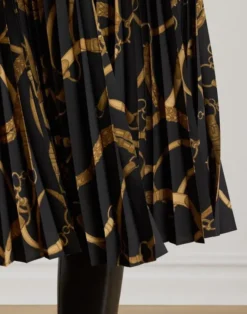 Belting-Print Pleated Crepe Skirt