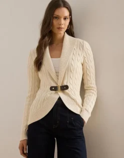 Buckle-Trim Cable Shawl-Collar Cardigan