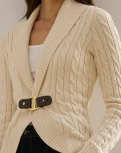 Buckle-Trim Cable Shawl-Collar Cardigan
