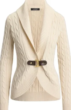 Buckle-Trim Cable Shawl-Collar Cardigan