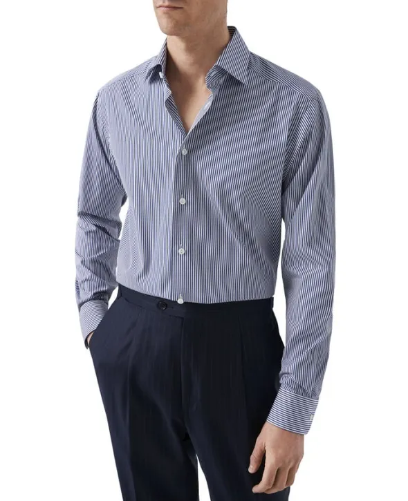 Contemporary Fit Dark Blue Bengal Striped Elevated Poplin Shirt