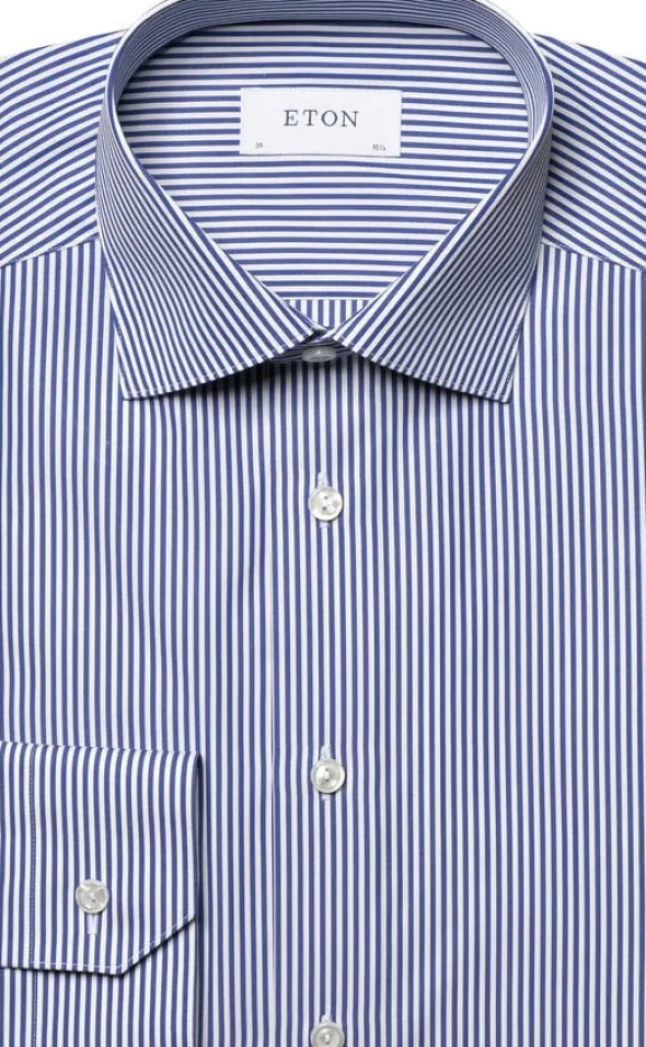 Contemporary Fit Dark Blue Bengal Striped Elevated Poplin Shirt
