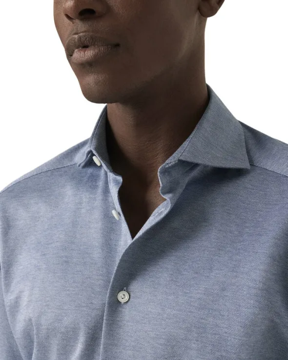 Contemporary Fit Mid Blue Solid Filo Di Scozia Pique Shirt
