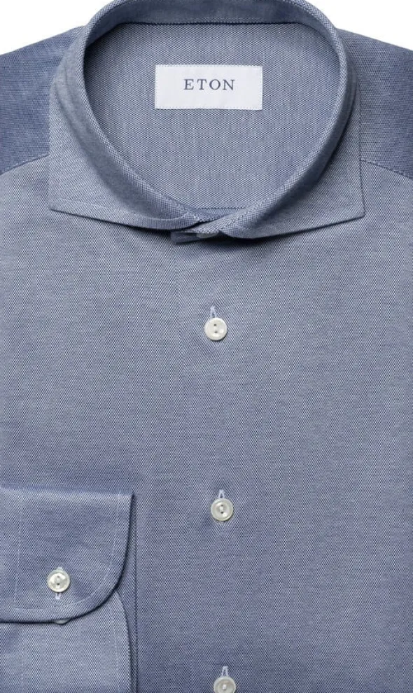 Contemporary Fit Mid Blue Solid Filo Di Scozia Pique Shirt