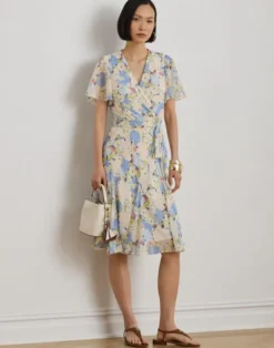 Floral Crinkle Georgette Surplice Dress