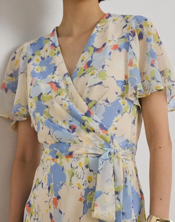 Floral Crinkle Georgette Surplice Dress