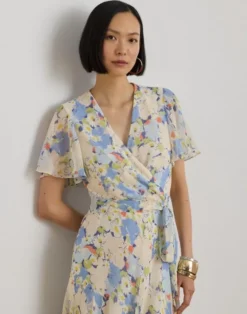 Floral Crinkle Georgette Surplice Dress