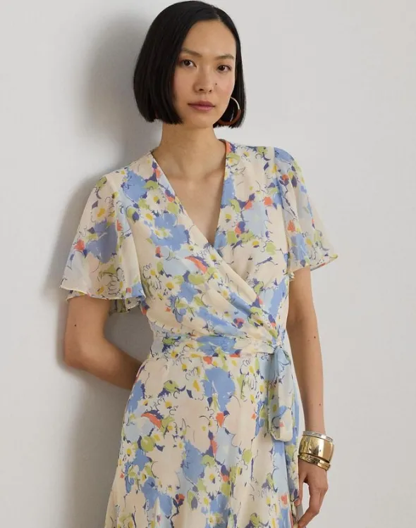Floral Crinkle Georgette Surplice Dress