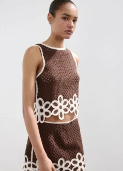 Floral-embroidered crochet top