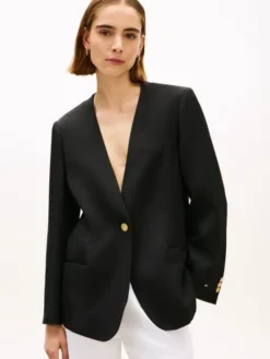 Gold-Tone Button Relaxed Linen Blend Blazer