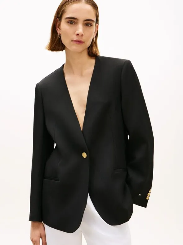 Gold-Tone Button Relaxed Linen Blend Blazer