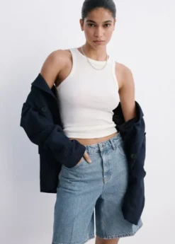 High-waist straight-fit denim short