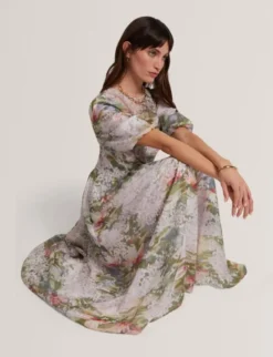 JONOR Puff Sleeve Printed Midi Dres
