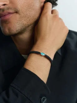 Men's Black String Bracelet with Silver Evil Eye