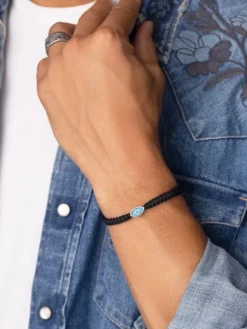 Men's Black String Bracelet with Silver Evil Eye