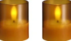 Moods & More - LED glass candle, Hurricane, Honey mustard, 2-pack, 47x