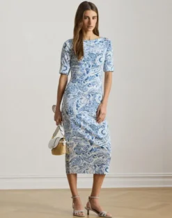 Paisley Cotton Boatneck Midi Dress