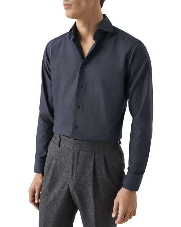 Slim Fit Navy Blue Semi Solid Signature Dobby Shirt