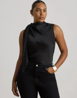 Tie-Neck Charmeuse Sleeveless Blouse