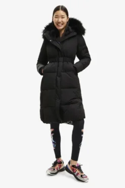 White quilted coat with fur-effect hood