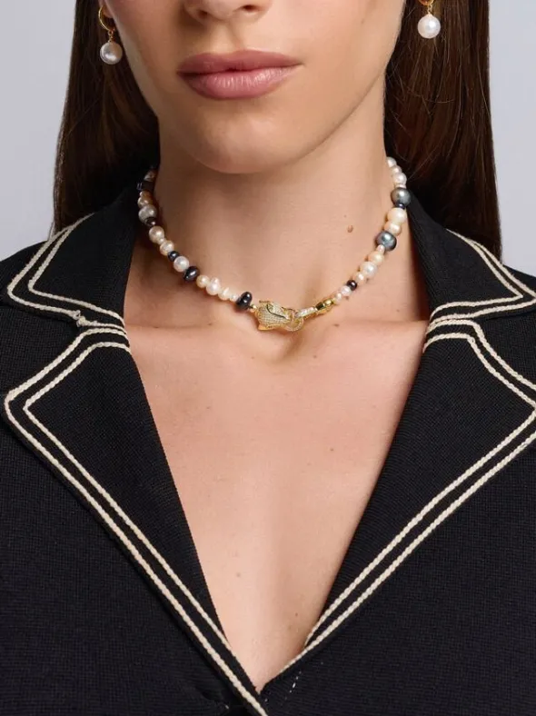 Women's Multi-Colored Pearl Choker with Gold Panther Head