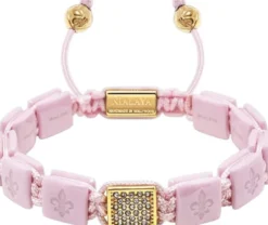 Women's Soft Pink Ceramic Flatbead Bracelet with Gold CZ