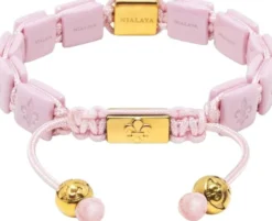 Women's Soft Pink Ceramic Flatbead Bracelet with Gold CZ