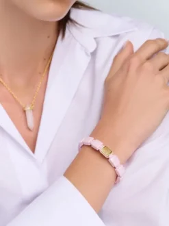 Women's Soft Pink Ceramic Flatbead Bracelet with Gold CZ