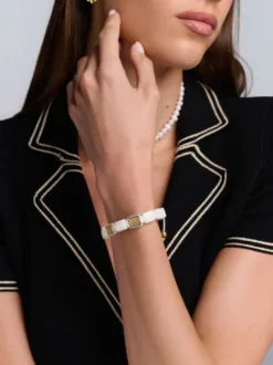 Women's White Ceramic Flatbead Bracelet with Gold CZ