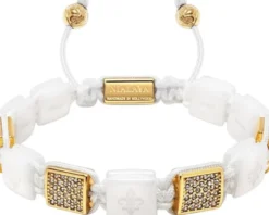 Women's White Ceramic Flatbead Bracelet with Gold CZ
