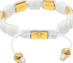 Women's White Ceramic Flatbead Bracelet with Gold CZ