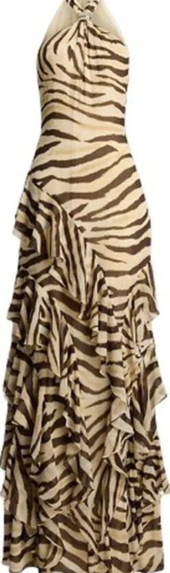 Zebra-Print Ruffle-Trim Georgette Gown