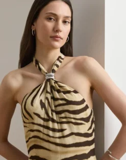 Zebra-Print Ruffle-Trim Georgette Gown
